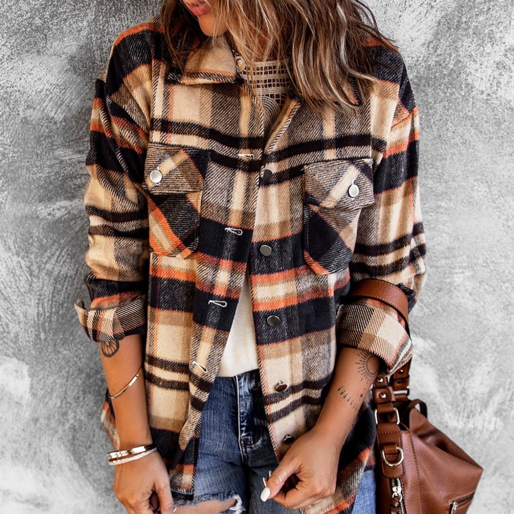 Brown and Orange Plaid Button Up Flannel Shacket